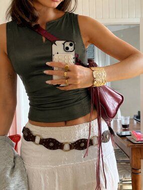 Sleeveless Fitted Top Reitmans Slit Olive Green Lined High Cut Modest